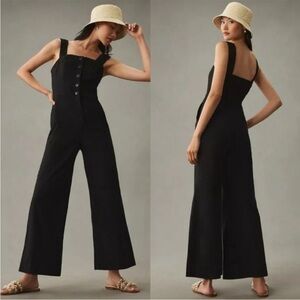 NWT Anthropologie Maeve The Colette Portside Jumpsuit Black Linen Blend Wide Leg